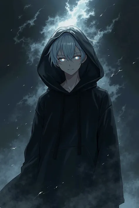  is a guy with white hair ,  with white eyes , in a black sweatshirt with a hood on her head, in dark light, with an aura of shadow that comes from the body, against the black sky. anime style
