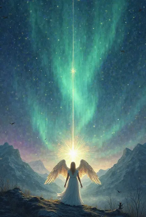 Aurora Borealis with a bright star and Bible guardian angels 