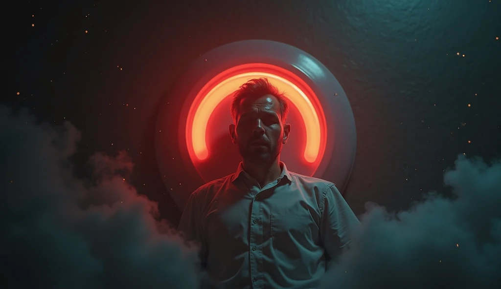 2. A surreal depiction of a man trapped in an oversized, glowing snooze button, floating in a dark void. The button pulses with warm red light, symbolizing the hypnotic power of delaying wake-up time. The man's expression is conflicted, torn between sleep ...