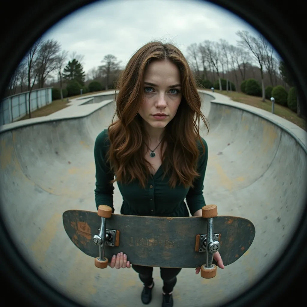 the real Kristen Stewart in twilight photograph fish eye effect segurando um skate em uma pista de skate