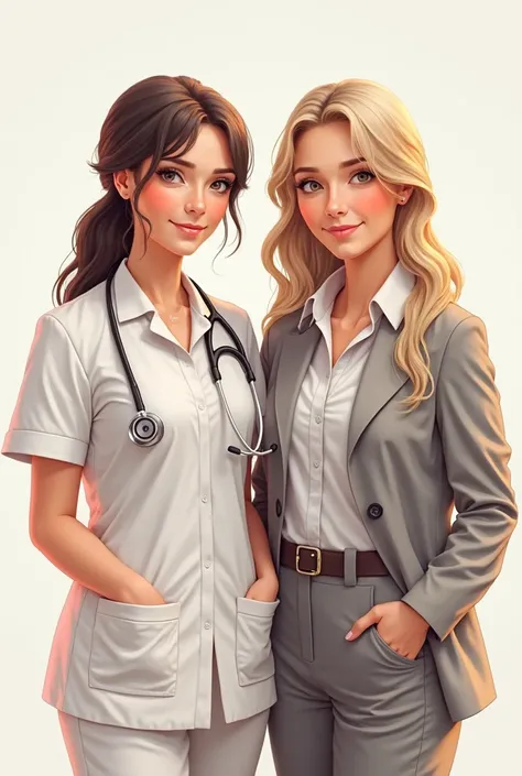 Create a high-resolution image of a nurse and a teacher standing side by side in a completely white background, with a warm and inviting smile on their faces. The women should have a realistic and natural appearance, with a focus on capturing their body la...