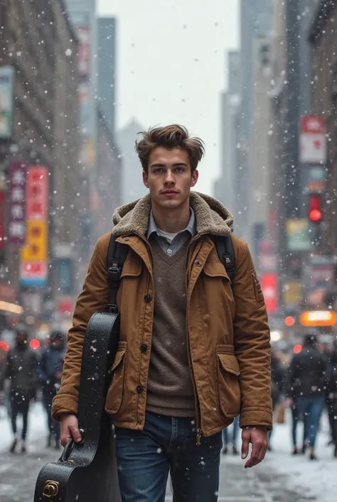 Un jeune homme arrive a new York avc une guitare une veste marron et une chemise en plein hiver 