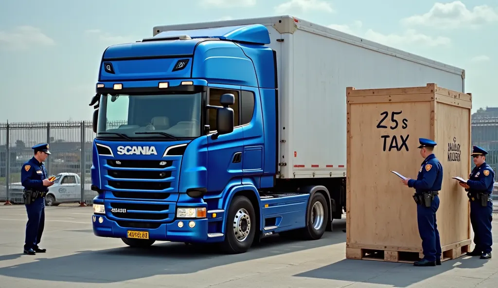 (Vehicle: Scania S730 | Color: Glossy Blue | Showroom/Police Scenes | Far Distance). Chicken Tax Drama:
"Blue Scania behind customs barriers at Los Angeles port, ‘25% TAX’ stamped on crate, police officers with clipboards, 8K wide-angle."