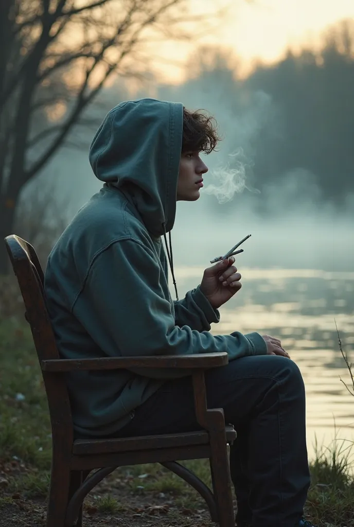 Mature boy smoking a joint near the river .sitting on a chair ..evening sky . Ready to dark .wearing hoodie ..background smoky. 8k qullty photo