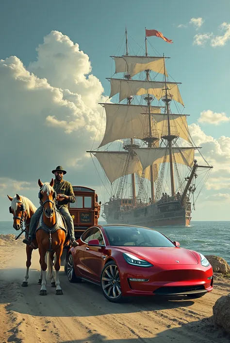 Make a horse car next to it is a Tesla car and in the back is a sailing ship