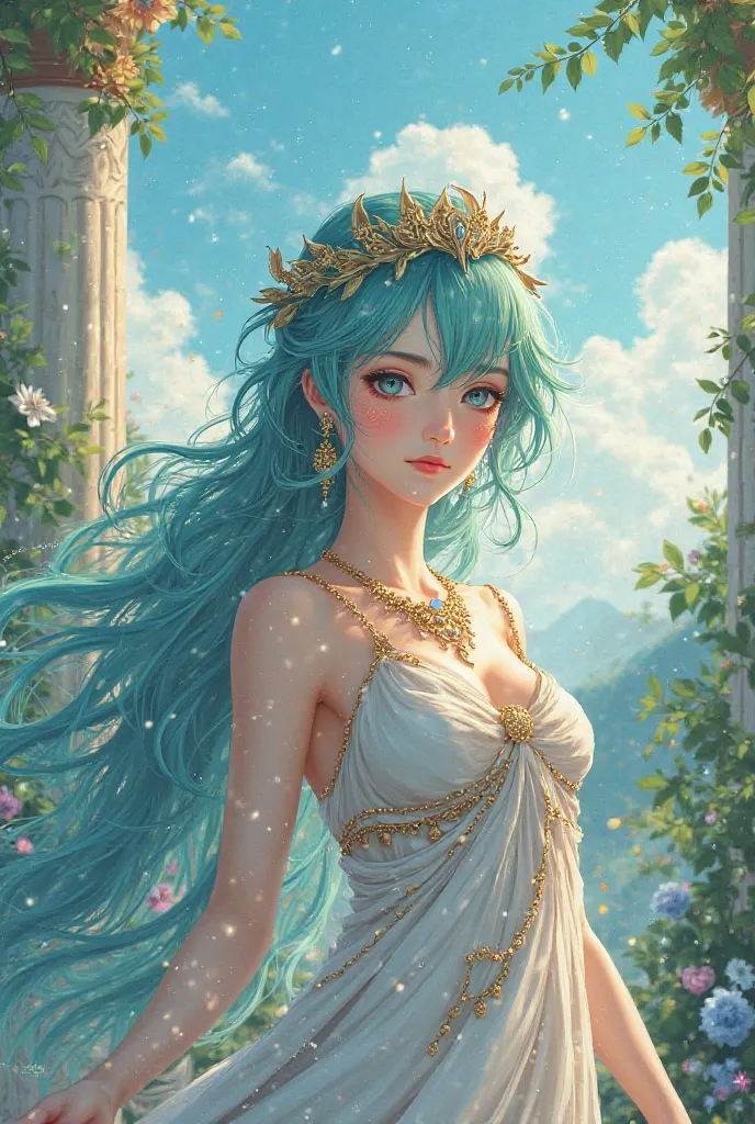 Miku Hatsune as a Greek goddess on a beautiful anime-style background