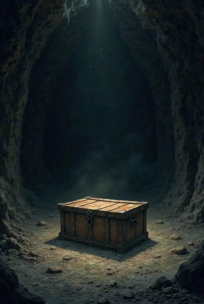 Draw an old wooden box in the middle of its cave in the dark 