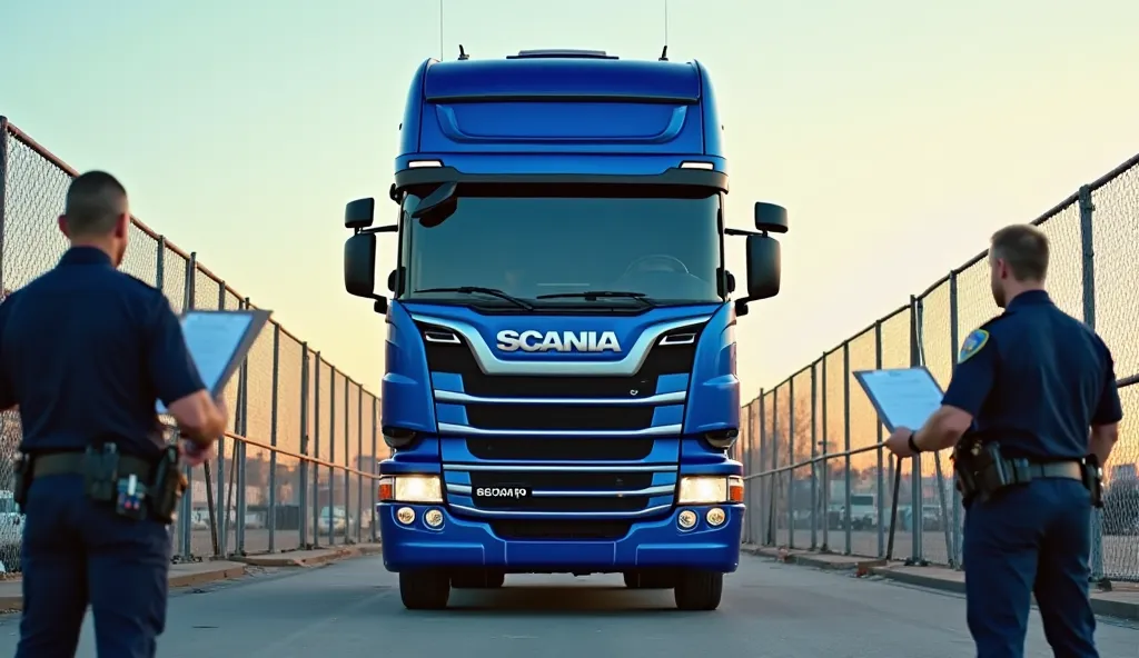 (Vehicle: Scania S730 | Color: Glossy Blue | Showroom/Police Scenes | Far Distance). Chicken Tax Drama:
"Blue Scania behind customs barriers at Los Angeles port, , police officers with clipboards, 8K wide-angle."