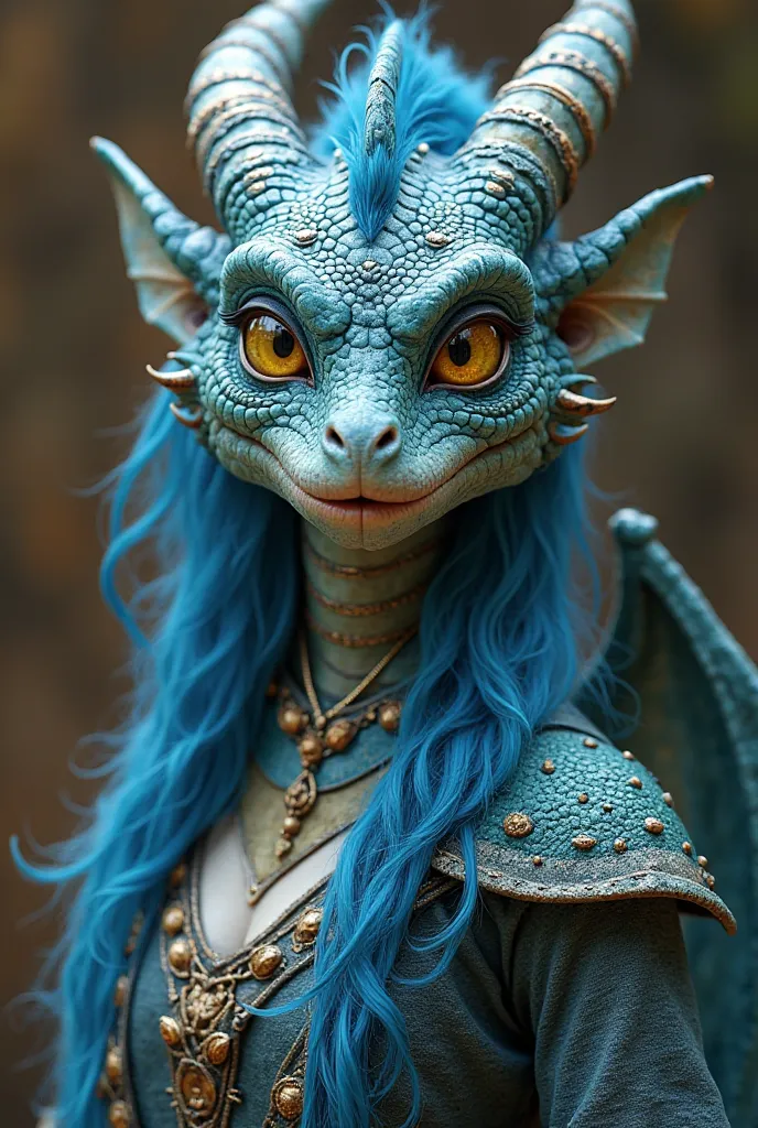 A female dragonid (more dragon than man) with a curving body. She has blue and blue scales with shades of green. The eyes are yellow and with shades of blue. He wears medieval clothes similar to those of a warrior. It has two horns that start from the temp...