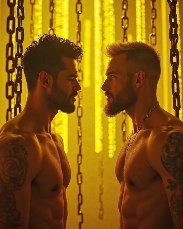 1 sexy latino hairy man, 45yo and 1 American blond  man 45yo.  Metal chains hanging in the background..
Action: the 2 man are watching to each others. Background: yellow lighting, with neon lights and bright yellow lasers.
The yellow light reflects on the ...