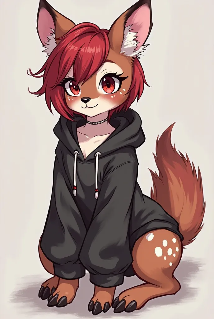 a furry/fursona of a fawn/female deer (with white spots on arms and legs), with dark red hair, piercings, emo clothes and hooves, a bit more anime. and just white spots not white hair and clothes. think emo fawn furry with dark red hair and emo clothes and...