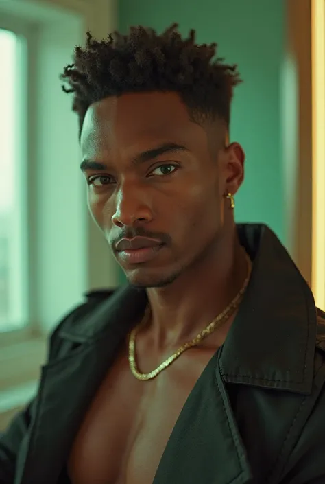 Un homme tres beau  style Michaële b Jordan  avec les yeux verts en entier avec juste un petit caleçon tres serré laissant apparaître son énorme zizi en erection dans son appartement style futuristic et européen luxueux