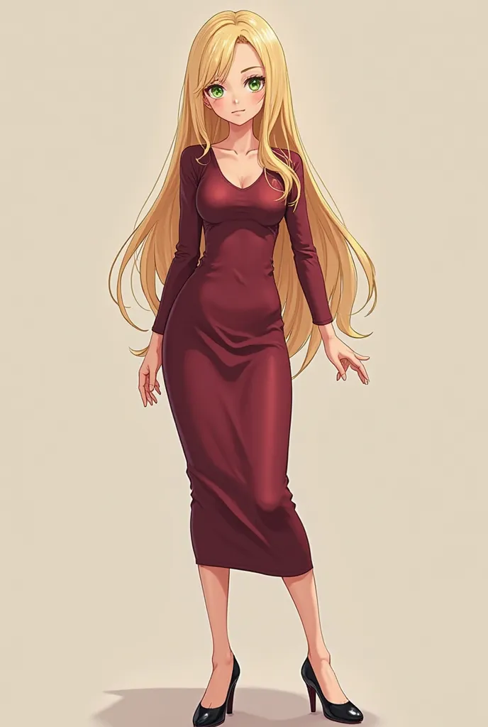 An adult anime-style but VERY REALISTIC 20-year-old girl of 1,65cm, Very light blond hair, Very long plain, with CLARITOS green eyes, Developed , that is to say,  with curves, wearing a maroon fitted dress and black heels