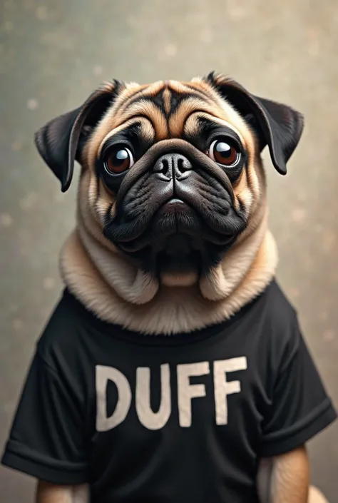 Pug dog with black blouse written Duff 