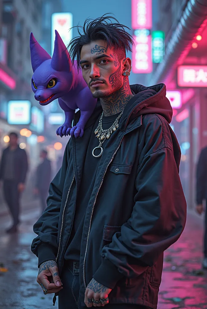 Create an image of the singer Duki with his tattoos on his face and being a Pokemon trainer and having a purple gengar next to him