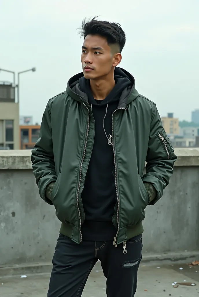 man standing on a roof with his hands in his pockets, nivanh chanthara, wearing dark green bomber jacket, around 20 yo, south east asian with round face, asian male, wearing samcrow leather jacket, wearing cyberpunk 2 0 7 7 jacket, 2 0 yo, 20yo, wearing gr