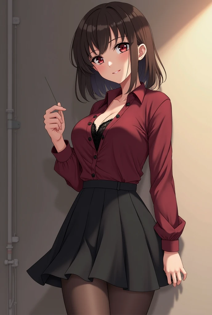 create an image of an anime girl, who has black nylon, black tight skirt slightly above the knees, dark red(scarlet/burgundy ) shirt with black buttons, and you can see a little black lace bra.
brown black hair,  approximately to the chest ,  or slightly s...