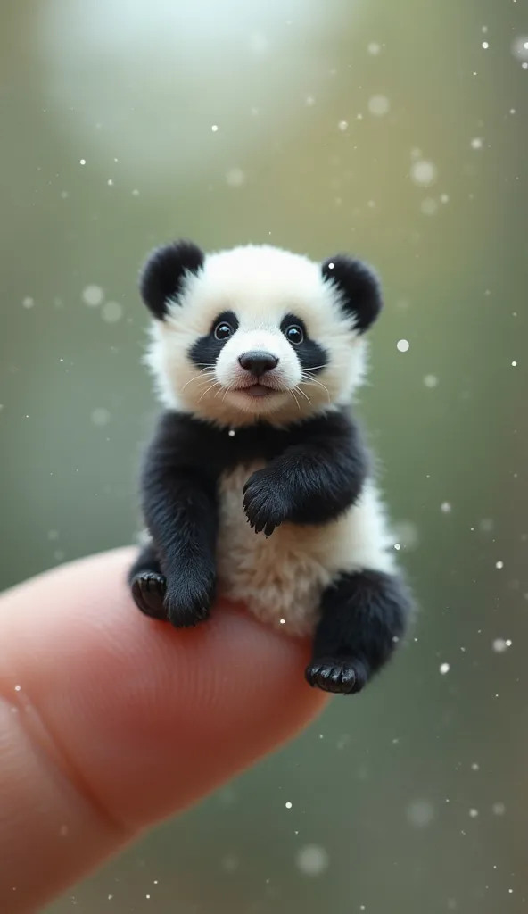 One, a creative photograph with a shallow depth of field, presents a cute, tiny panda the size of a human finger.