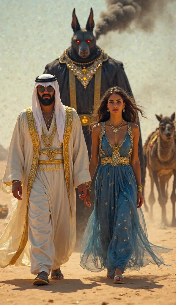 A Middle Eastern Mafia king, wearing a white and gold robe with the Arabian Peninsula emblem, walks with his queen in a sapphire-blue dress, leading the way. Behind them, a massive jackal-headed warrior in a luxurious dark robe, with a sparkling diamond ne...