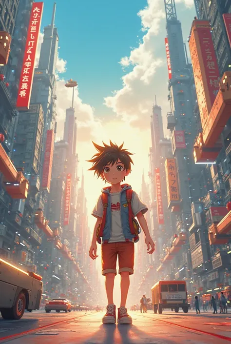 Boy similar to anime-style links with backgrounds a futuristic city during the day with the sun