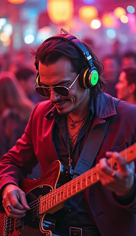 1. close-up: beaver whore, with colorful headphones and stylish clothes, creating a festive effect, vigorously controls.
2.  medium plan: johnny depp , club in his signature, Plays solo, tracks with a smile, immersing himself in. He shakes his head, mainta...