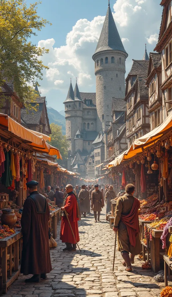 Vibrant scene of a medieval market in a European city, with wooden stalls selling fine fabrics, exotic spices and jewelry. Merchants negotiate with customers while acrobats and musicians perform in the background. The fair takes place near an imposing cast...