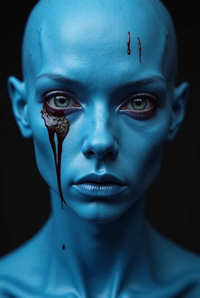 Human totally blue, skin all smooth, without wrinkles and without expressions, blue skin color, with a fixed and dark look with large eyes with a vertical cut on the side of the face oozing black blood and a small hole in the center of the forehead