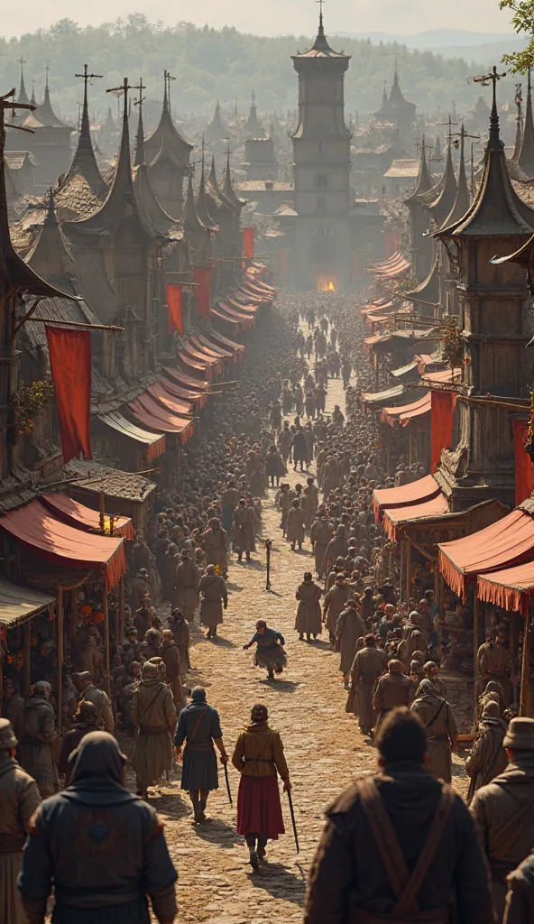 Panoramic view of a packed medieval market, with crowds circling between wooden and fabric tents. Merchants advertise their products, as a blacksmith demonstrates the making of swords. ren run around a street artist who juggles torches.