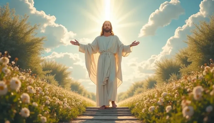 Jesus dressed in white, Contemplative, peaceful, friendly, Watching the sky and open hands, with a pillar of white light, on top of it,Over your head to toe,that connects heaven and earth, in a beautiful garden