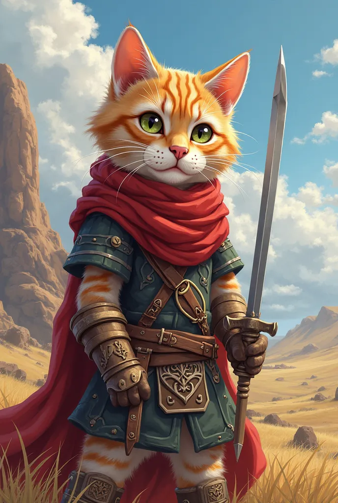 Celtic warrior cat , with a red scarf, His sword , fantasy style ,standing on a mystical steppe,  epic fantasy scene , cute, powerful, strong, bela, cartoon style with small quality details, style illustration with black outline lines anime style, anime li...