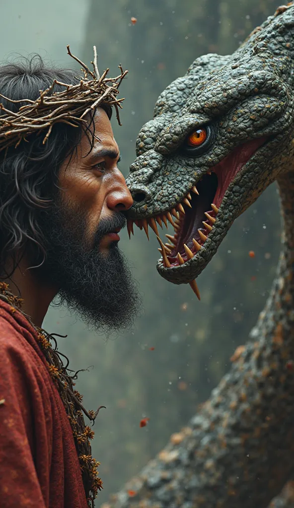 Jesus sitting on with a crown of thorns on his head and a large snake standing about to bite his face he is Ultra realistic