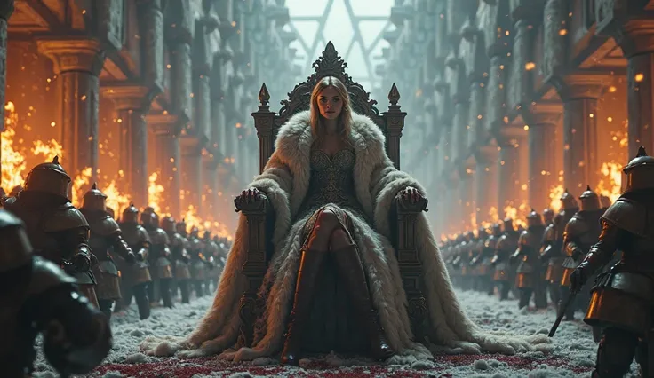 close up close seated on a giant throne atop a castle queen in a fur coat sexy woman in armor, Medieval army invaded in water and fire in the middle of an army giving orders to attack inside a realistic 8k castle many details
