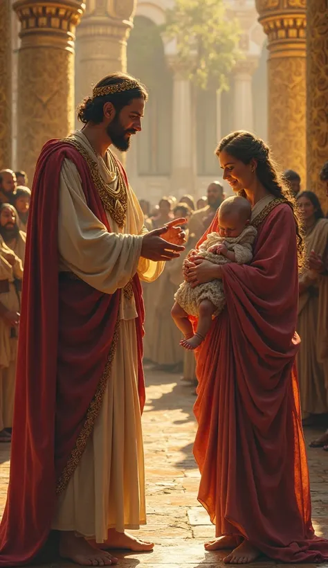 King Solomon, now smiling wisely, points at the first woman and declares her the true mother. The baby is returned to her arms, and she clutches him with overwhelming relief and love. The second woman looks shocked and defeated. The court murmurs in awe at...