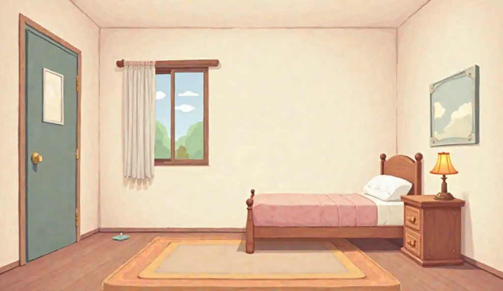 bedroom illustration, details the room was empty there was only a bed and a sleeping lamp on the desk. style cartoon