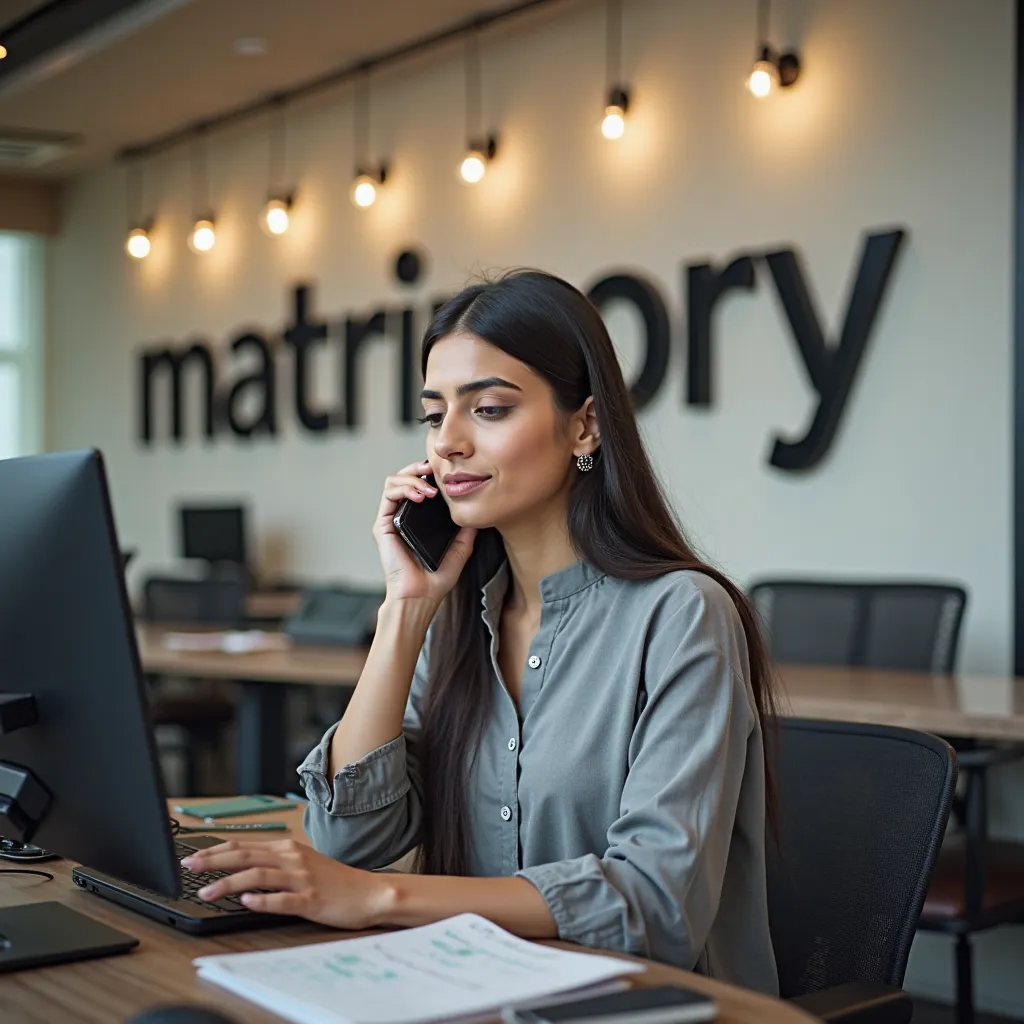 Hd image of lady telecaller wearing grey kurti, calling in mobile phone, in a matrimony office, on background wall written as " matrimony "