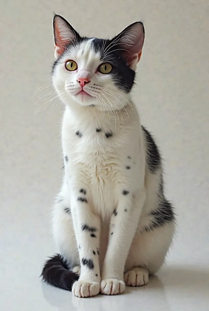 Cat The predominant coat color is white.
 * spots: The cat has black spots of varying size and shape, distributed throughout the body.
   * back: A large black spot covers most of the cat's back.
   * tail: The tail is predominantly black, with some white ...