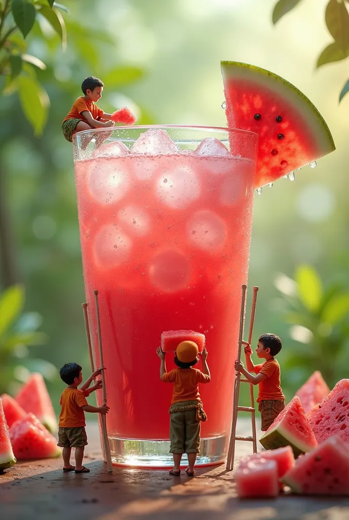 A delightful and imaginative scene featuring tiny Malay villagers interacting with a giant glass of fresh watermelon juice. The oversized glass is filled with a vibrant pink-red juice, with ice cubes floating inside and condensation on the glass, highlight...