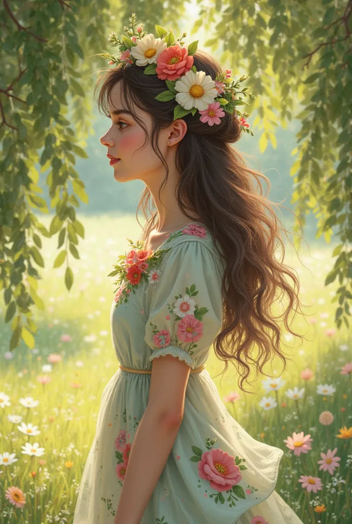 Generate me a spring girl, she should not be cartoonish, shown in profile,  waist-deep in the frame , young, , her hair is loose and seems to be flowing into the branches of a weeping willow, her dress is made of flowers, she should be gentle and beautiful...