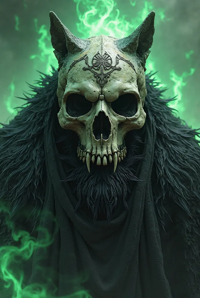 An elegant skull with a black wolf skin in Viking style with green flames on the back 