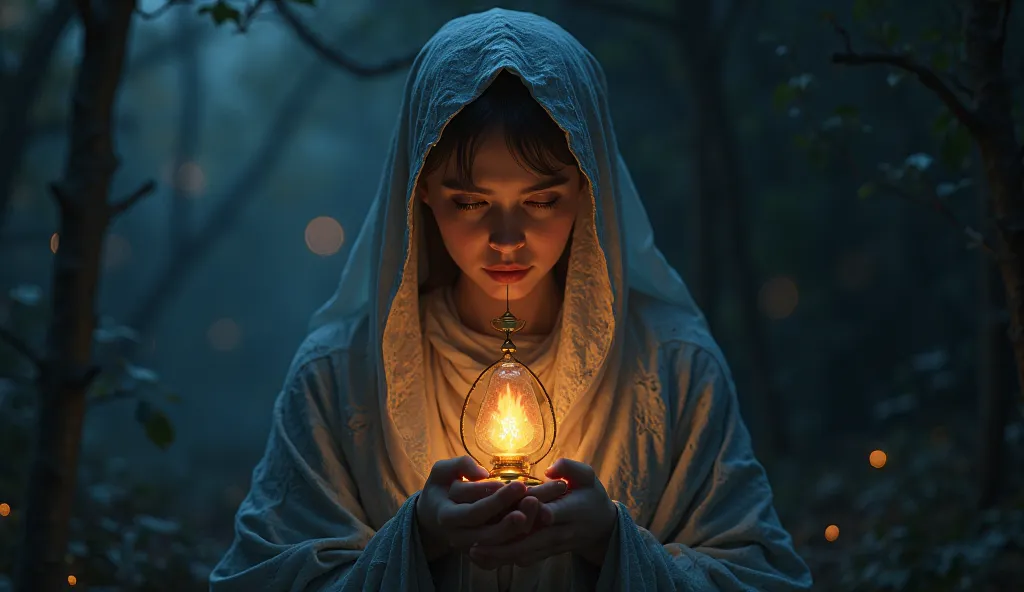 "Person in a moment of reflection, holding a burning lamp that symbolizes wisdom, dark background with soft lights, introspective and mystical atmosphere,  shades of blue and gold ."