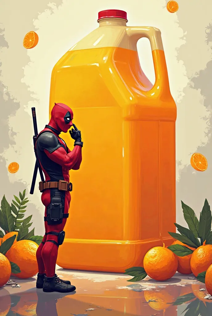 Deadpool thinking about a huge jug of orange juice, in vector