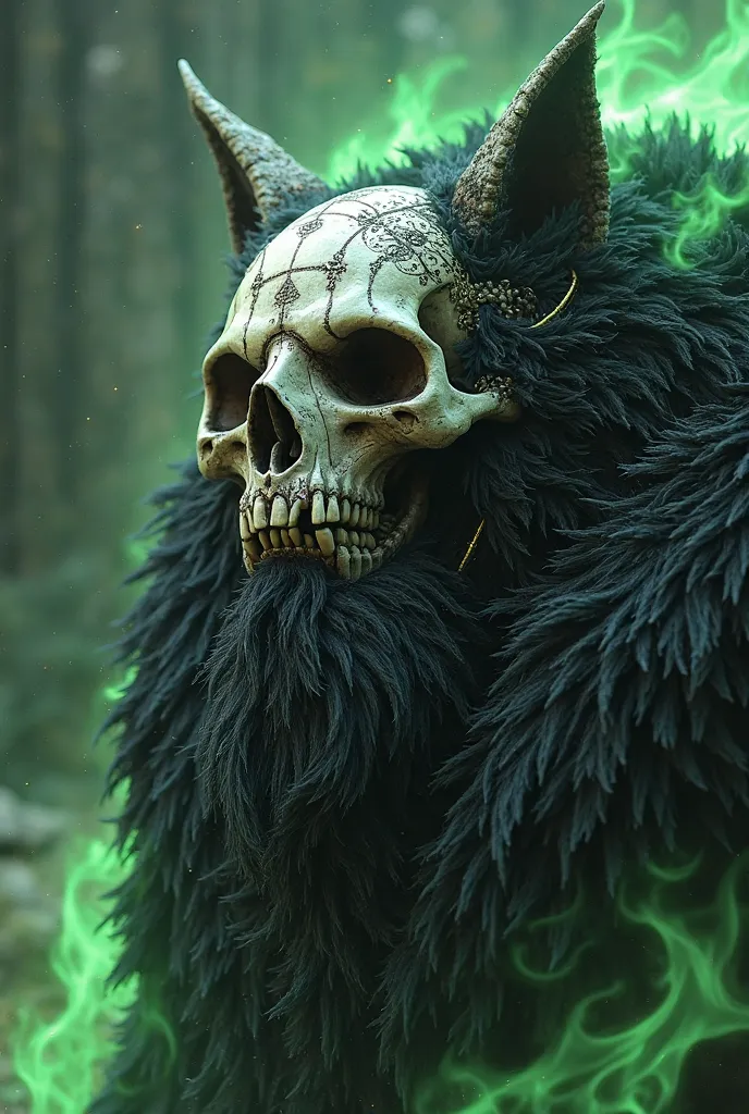 An elegant skull with a black wolf skin in Viking style with green flames on the back 