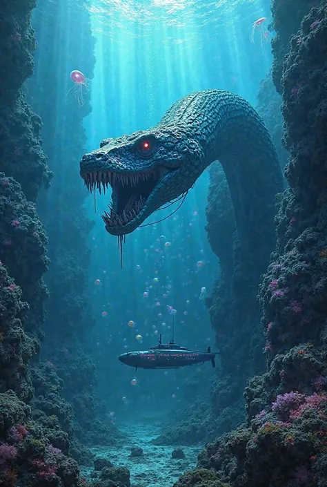 "A colossal sea snake slithers through the depths of the ocean, its immense body writhing between rock formations covered in bioluminescent coral. Its iridescent scales reflect the rays of light that pass through the crystal-clear water, displaying mesmeri...