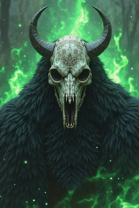 An elegant skull with a black wolf skin in Viking style with green flames on the back 