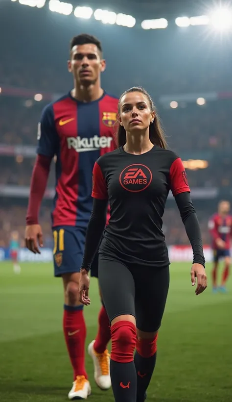 A woman wearing a modern costume in the colors black and red, inspired by the EA Games logo, walks towards the camera with a confident and determined expression. Her costume shows the EA Games logo on her chest, highlighting her connection with the gaming ...