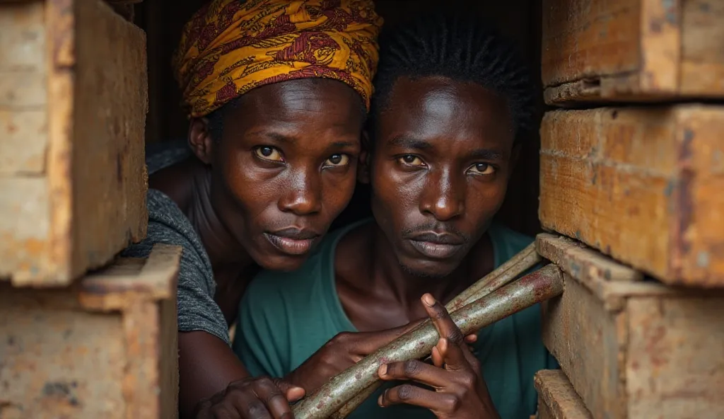 💥 Behind a stack of crates, barely breathing, Mama Achieng and Otieno remain hidden.
Mama Achieng, an African woman in her late 30s, presses her back against the rough wood, her vibrant but slightly worn headwrap partially concealing her sweat-dampened for...