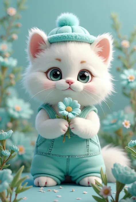 White fluffy cat wears turquoise teddy fluffy overalls and has a turquoise flower in its paws,and a fluffy teddy floral turquoise beret,background  turquoise flowers