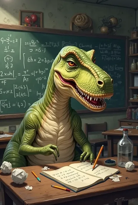 A dinosaur trying badly to solve a bad math exercise 