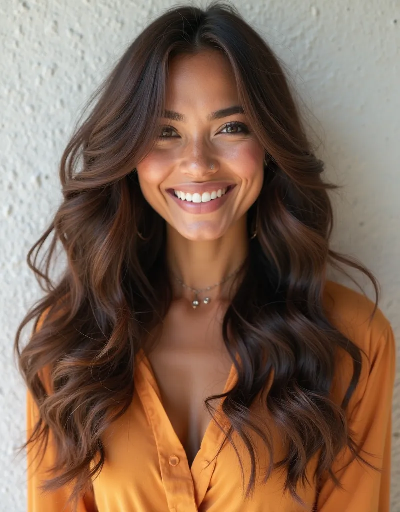 beautiful woman with Latin features, brown eyes and light brown skin with too abundant brown hair,  beautiful, Hydrated, untreated, shiny and very abundant. posando muy feliz por su  beautiful cabello de lado para mostrar su cabello. She has clothes colore...