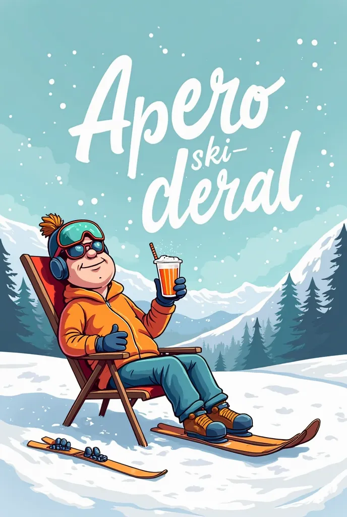 A humorous and relaxed cartoon-style illustration of a skier sitting in a lounge chair on a snowy mountain, wearing ski gear, sunglasses, and holding a drink in one hand. The skier has a chill and satisfied expression, enjoying the après-ski moment. Nearby...